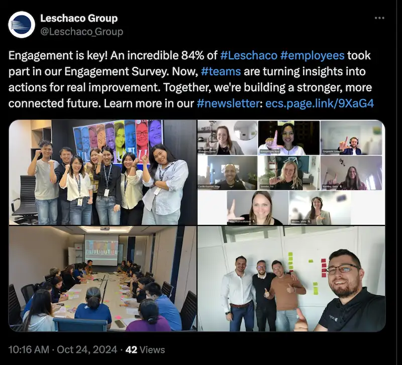 Tweet from Leschago about acting on employee survey feedback