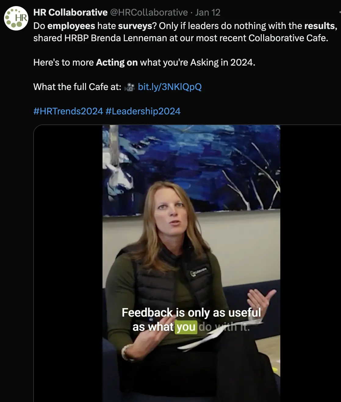 Tweet from HR Collaborative about employee feedback